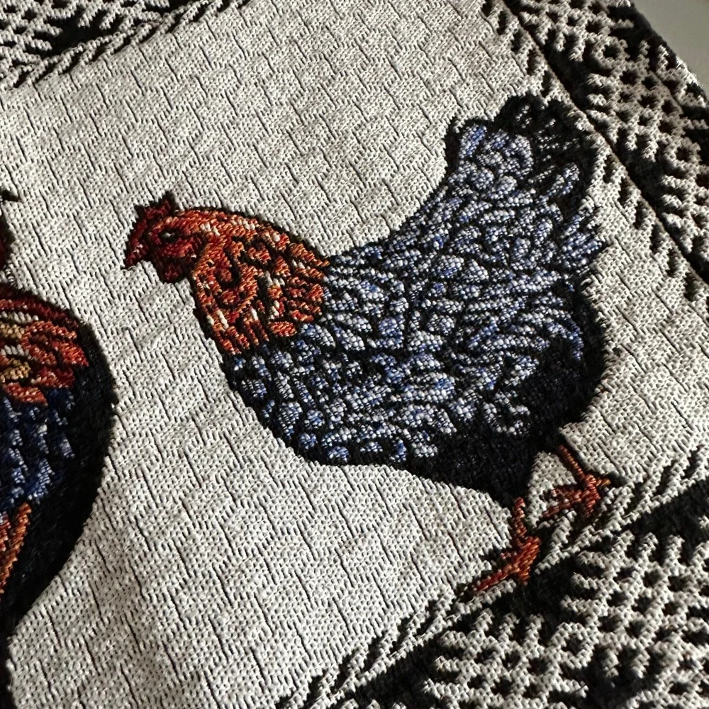 True Living Rooster Curtain Set 3pc Valance Tiers & 5 Woven Tapestry Placemats